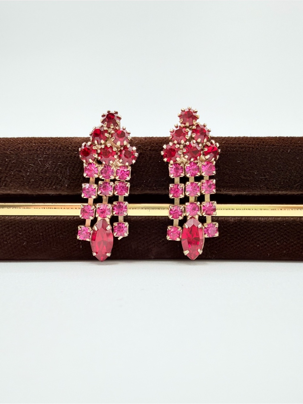 Vintage Red & Pink Rhinestone Waterfall Clip-On Earrings